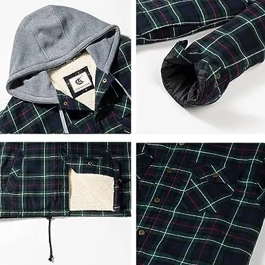 FLANNEL QUILTED SHERPA LINED JACKET/HOODED (GREEN/NAVY/BLACK #11)