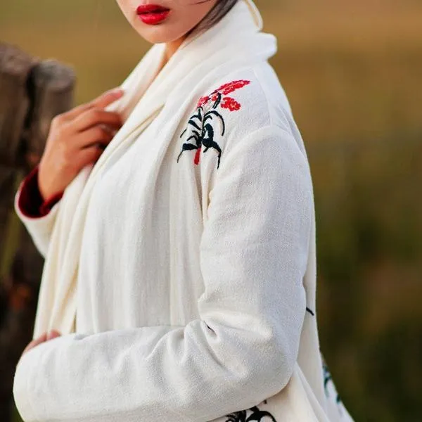 Floral Embroidered Long Linen Cardigan | Mandala
