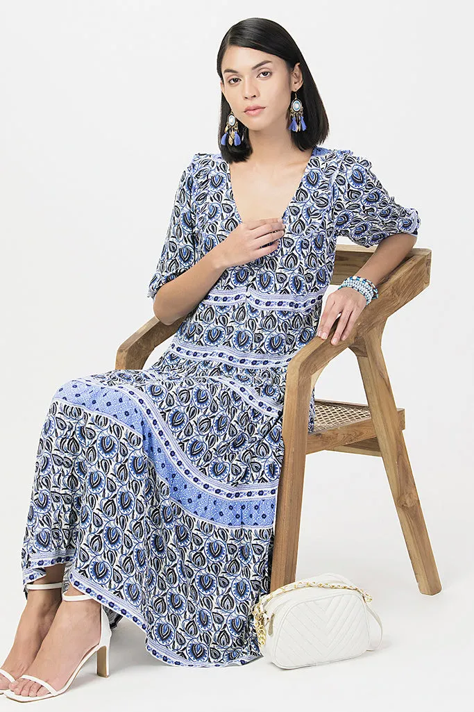 Floral Printed Puff Sleeves Layered Dress