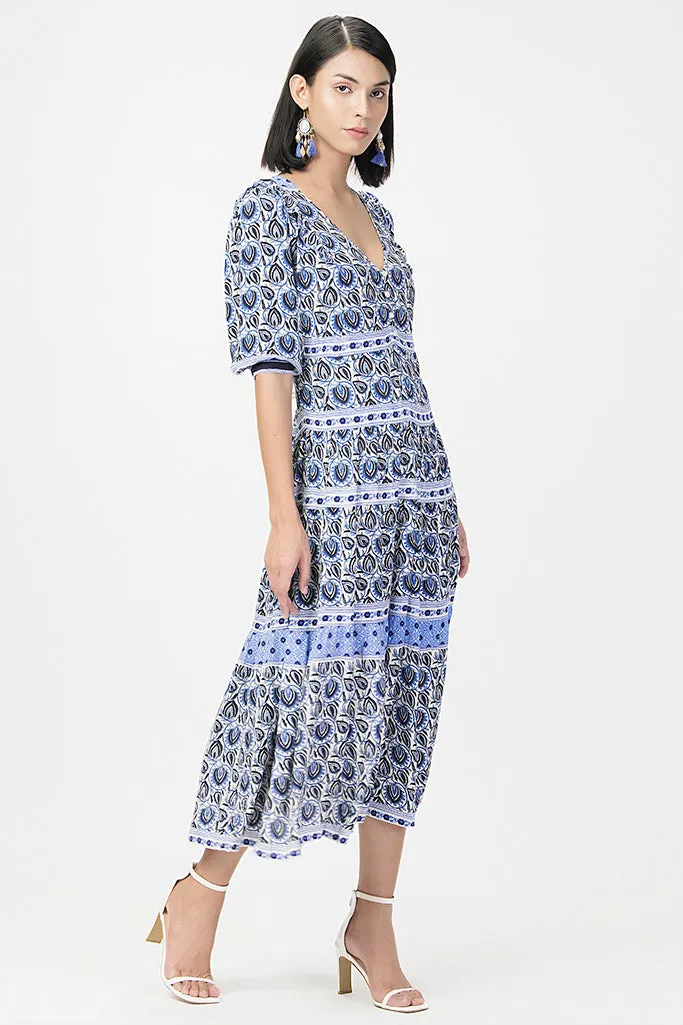 Floral Printed Puff Sleeves Layered Dress
