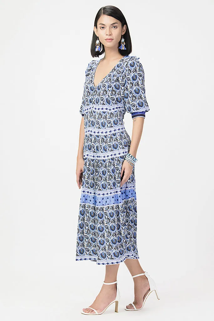 Floral Printed Puff Sleeves Layered Dress