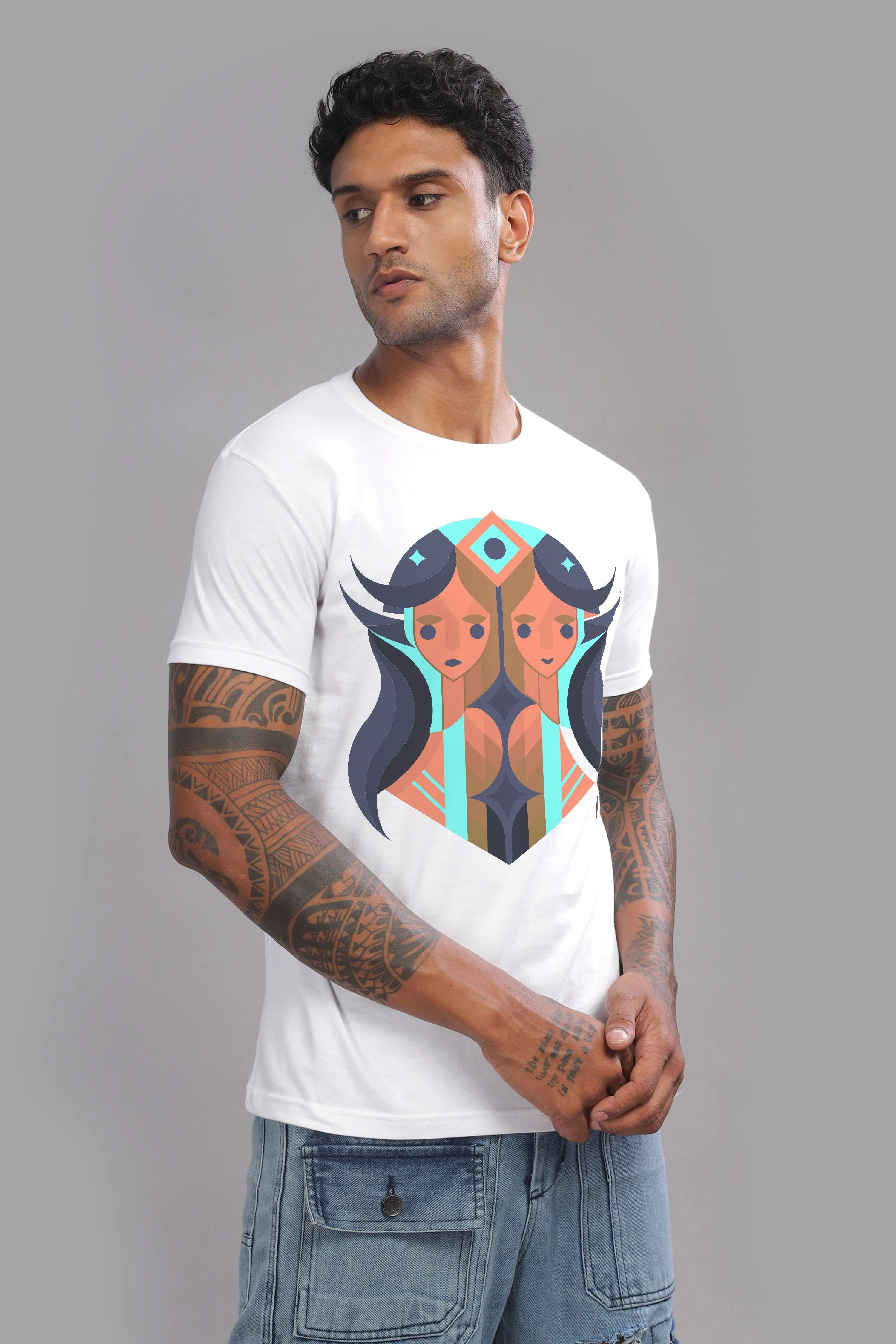 Gemini Guru White Half Sleeve Printed Round Neck T-Shirt