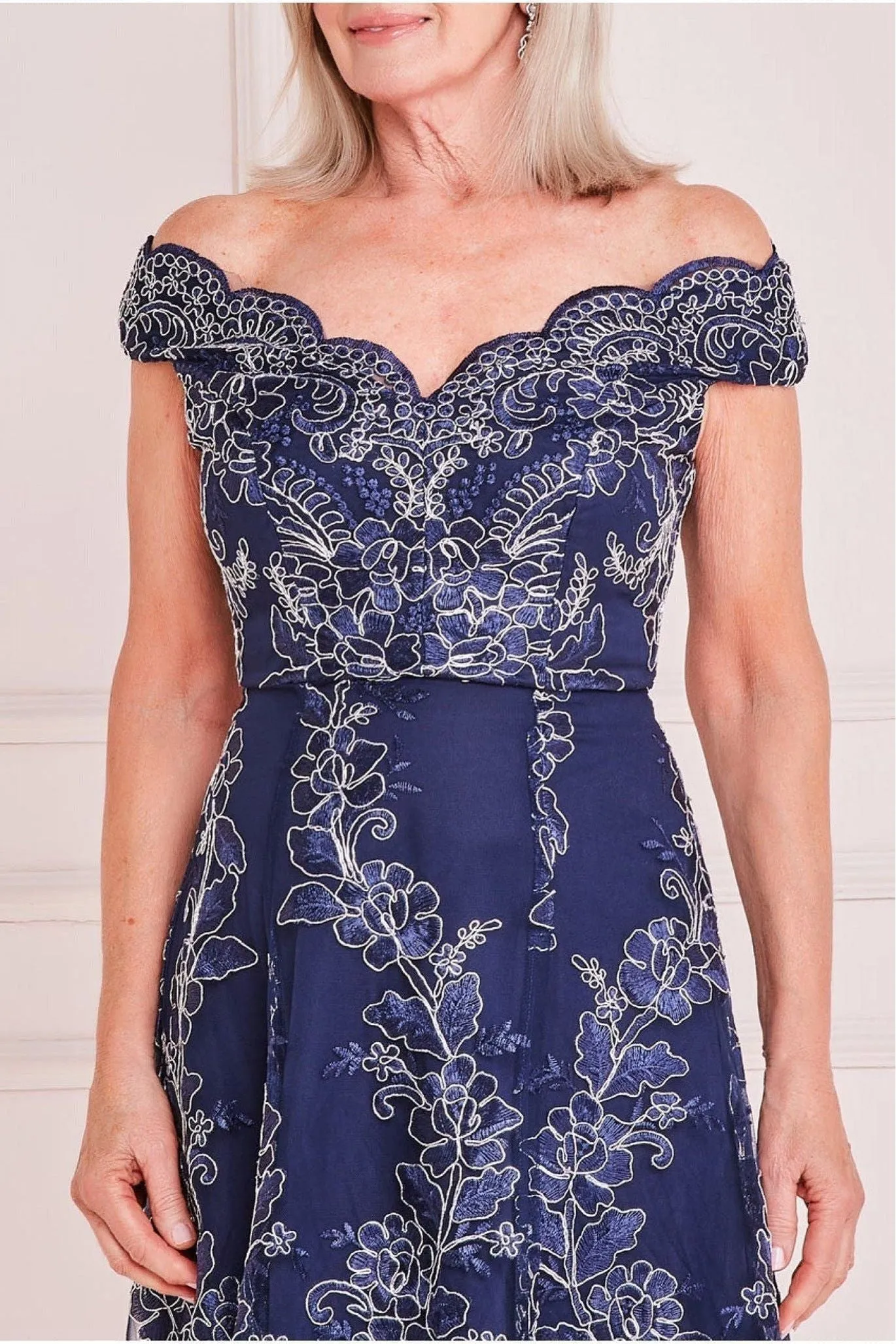 Goddiva Embroidered Lace High Low Midi Dress - Navy