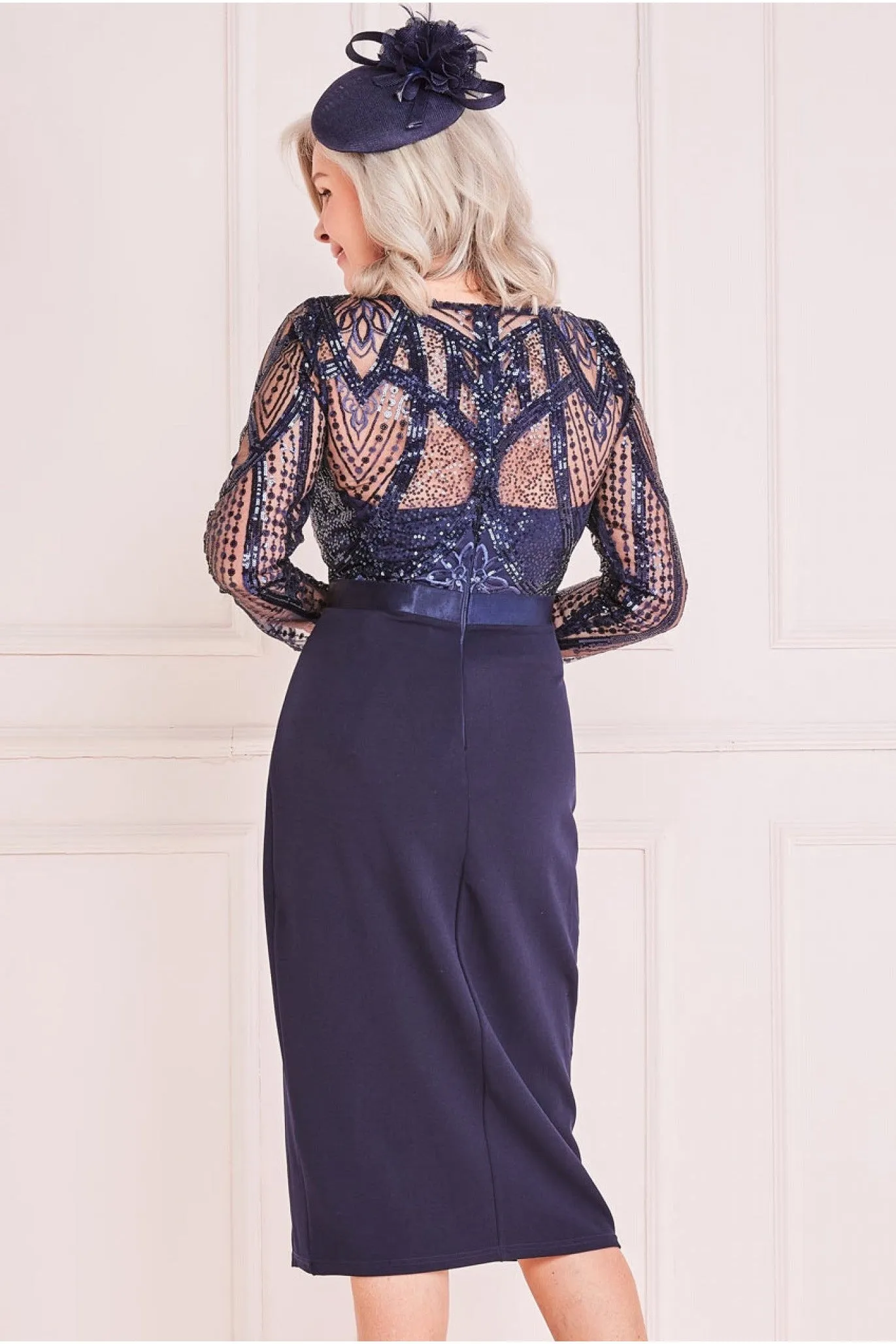 Goddiva Front Frill Sequin Bodice Midi -  Navy