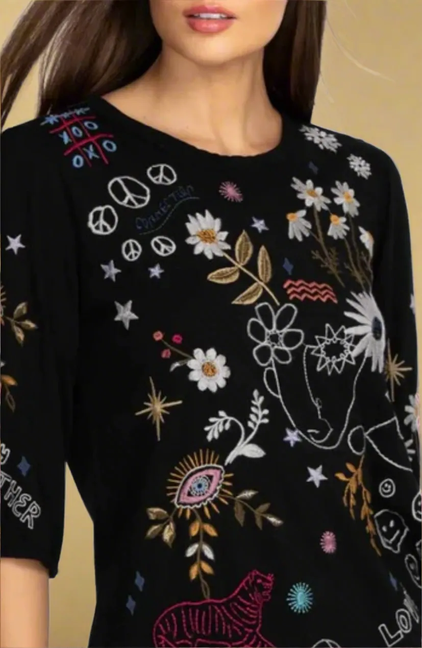 Johnny Was Soho Puff Sleeve Tee Black Print Top  X Large