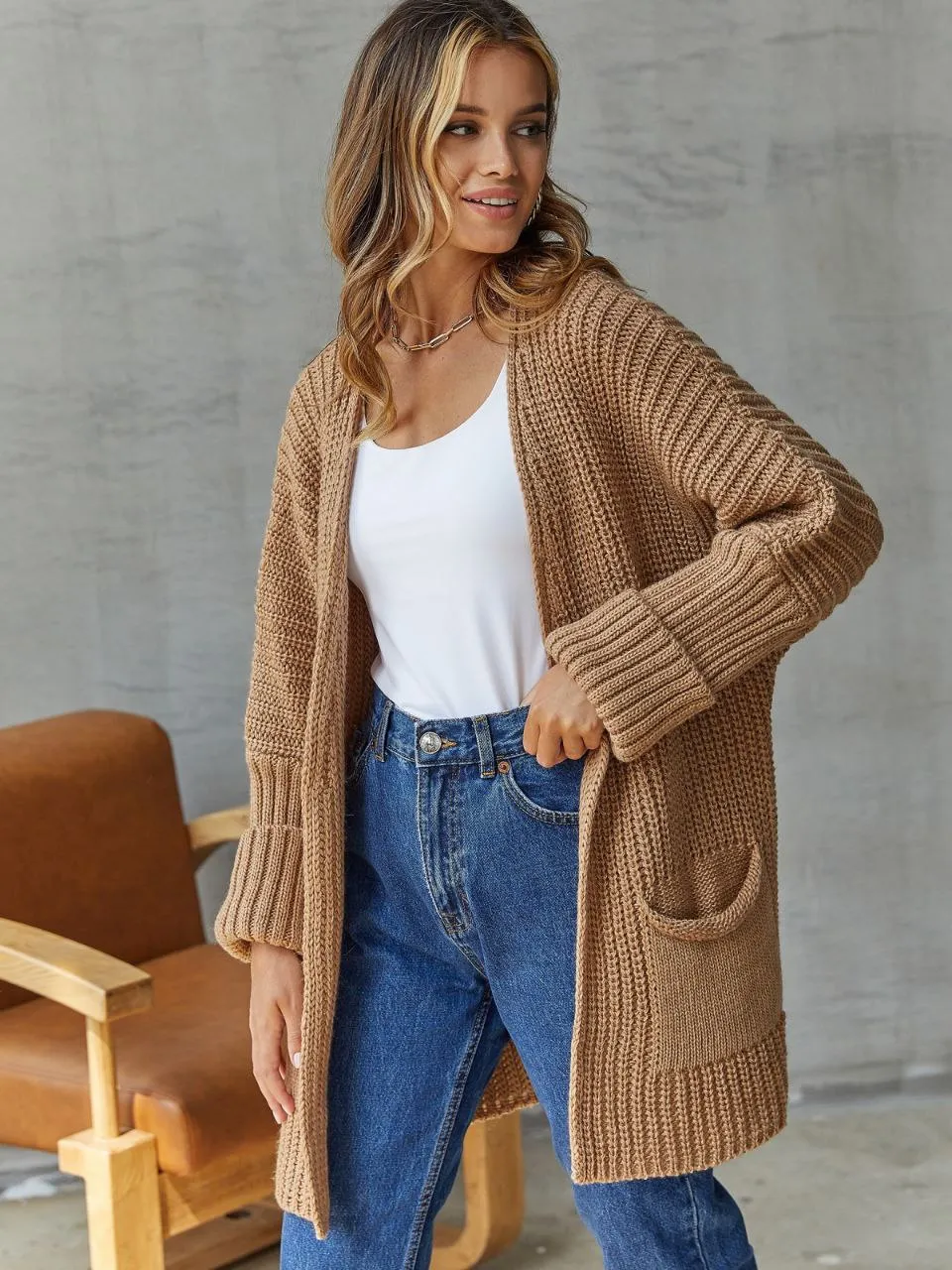 Knitted Slip On Cardigan with Pockets M-XXL