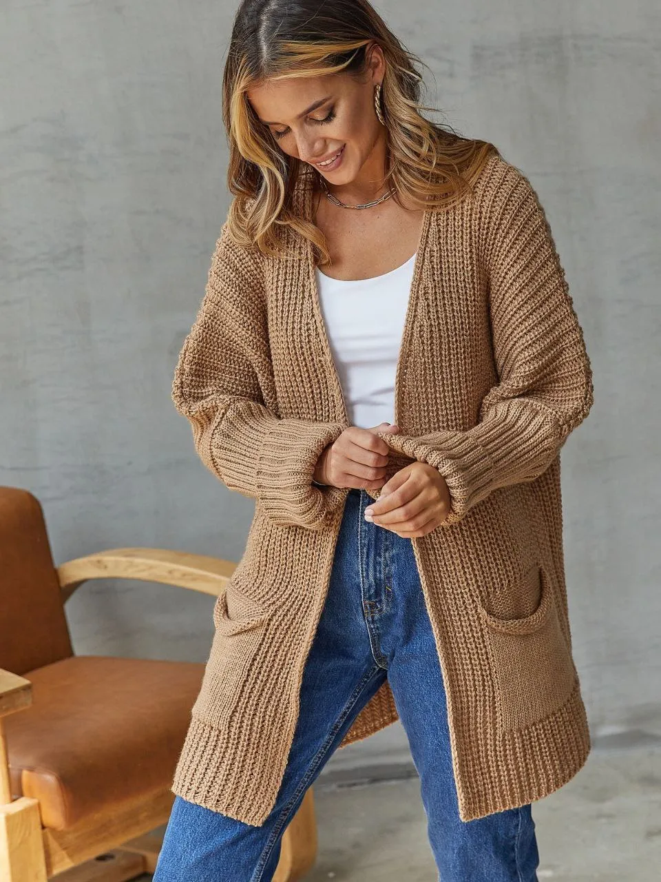 Knitted Slip On Cardigan with Pockets M-XXL