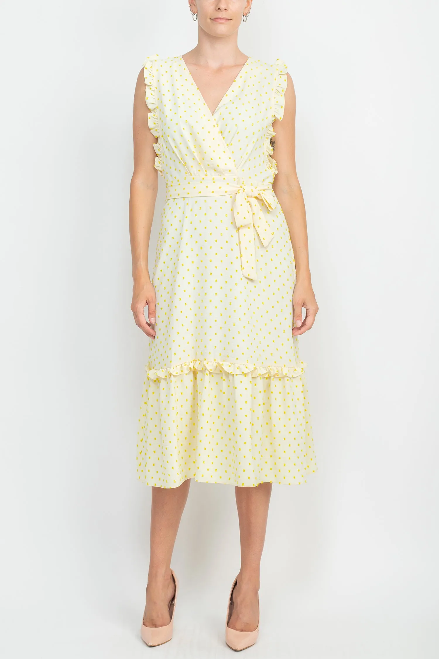 London Times V-Neck Ruffled Shoulder Sleeveless Tiered Skirt Tie Waist Clip Dot Print Dress