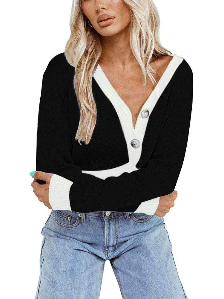 Long Sleeve V Neck Buttoned Cropped Cardigan Sweater