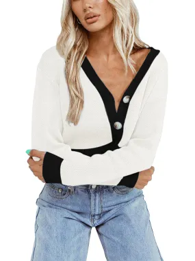 Long Sleeve V Neck Buttoned Cropped Cardigan Sweater
