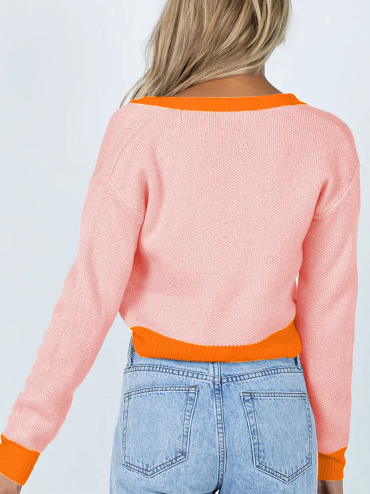 Long Sleeve V Neck Buttoned Cropped Cardigan Sweater