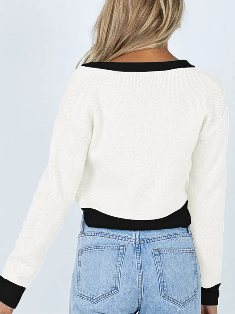 Long Sleeve V Neck Buttoned Cropped Cardigan Sweater
