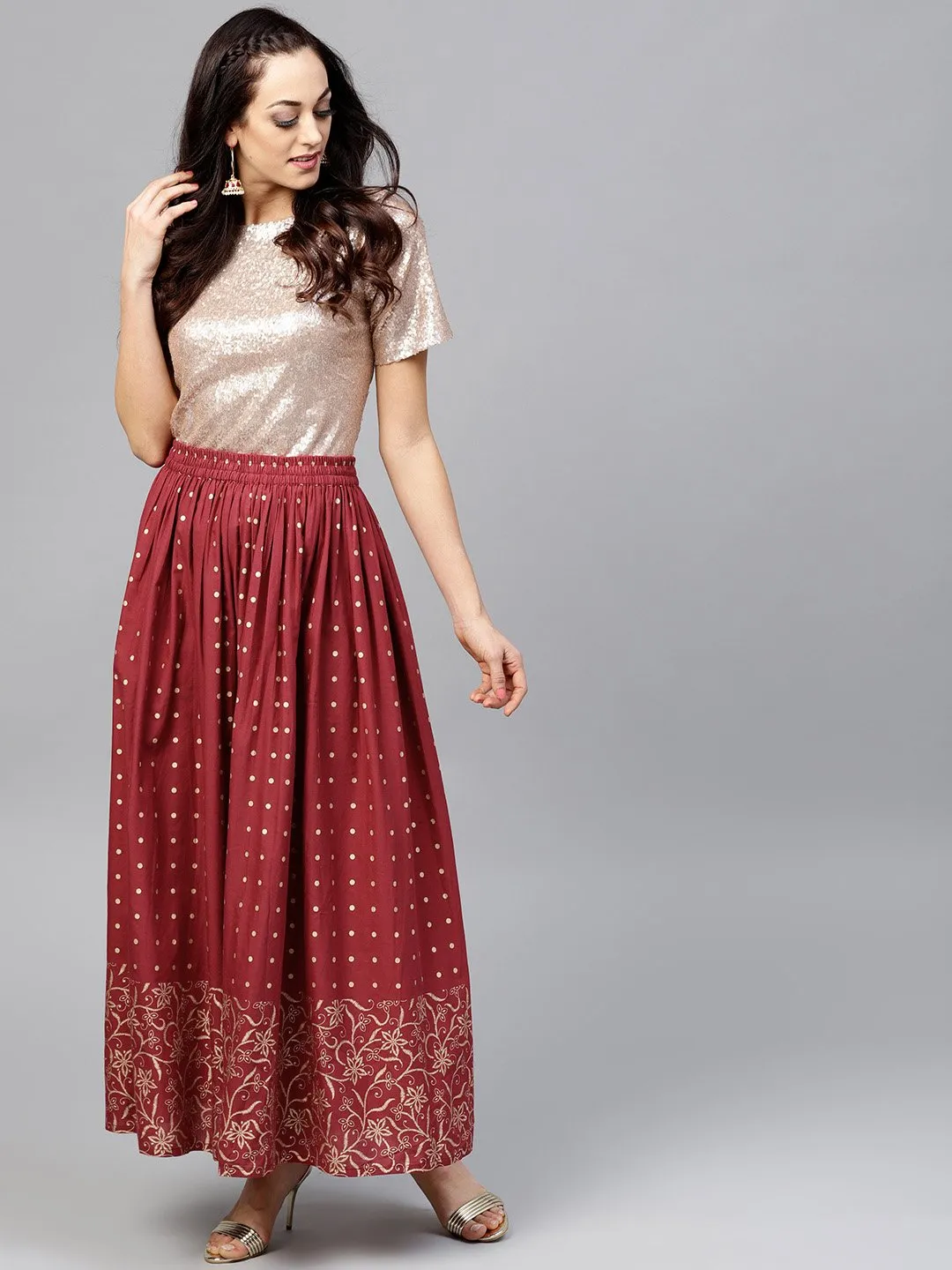Maroon Printed Flared Ankle Length Skirt