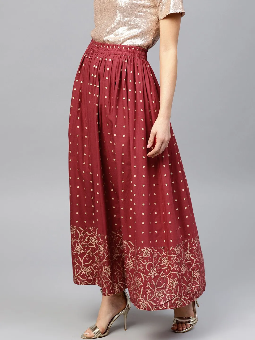 Maroon Printed Flared Ankle Length Skirt