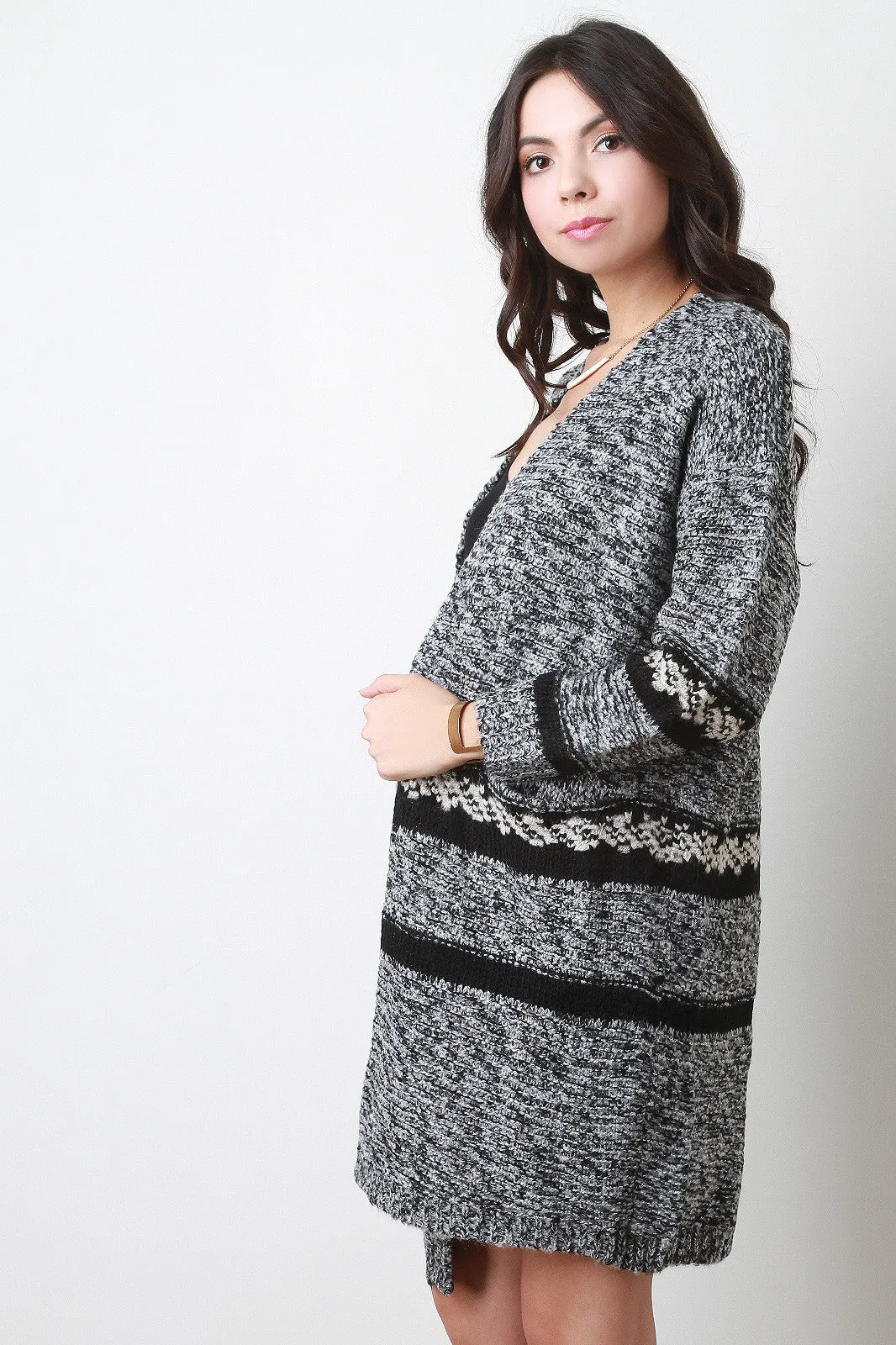 Melange Knit Mid Stripe Open Front Cardigan
