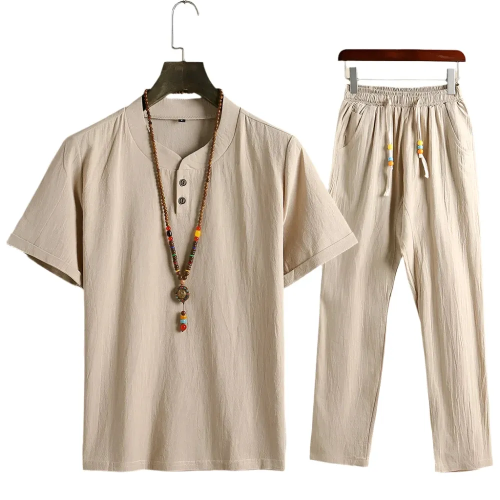 New Men's Solid Linen Short Sleeved Cropped Pants Two Piece Quality Outfits