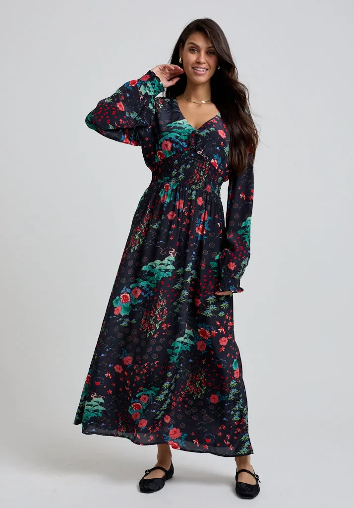 Pearl Ruched Waist Wonderland Print Midi Dress In Black