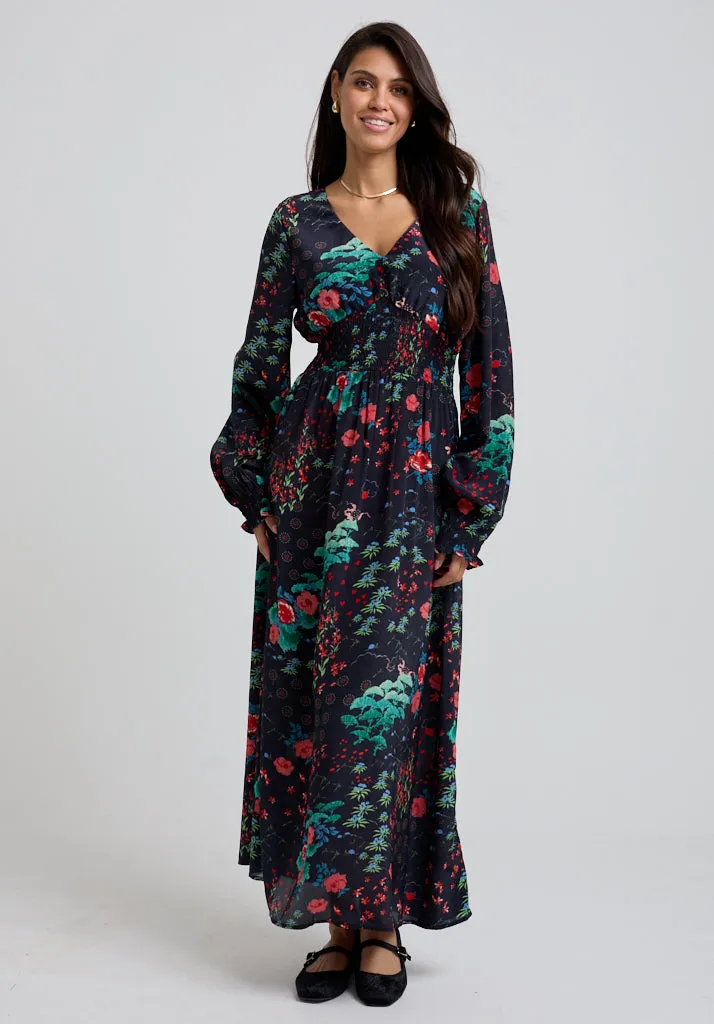Pearl Ruched Waist Wonderland Print Midi Dress In Black