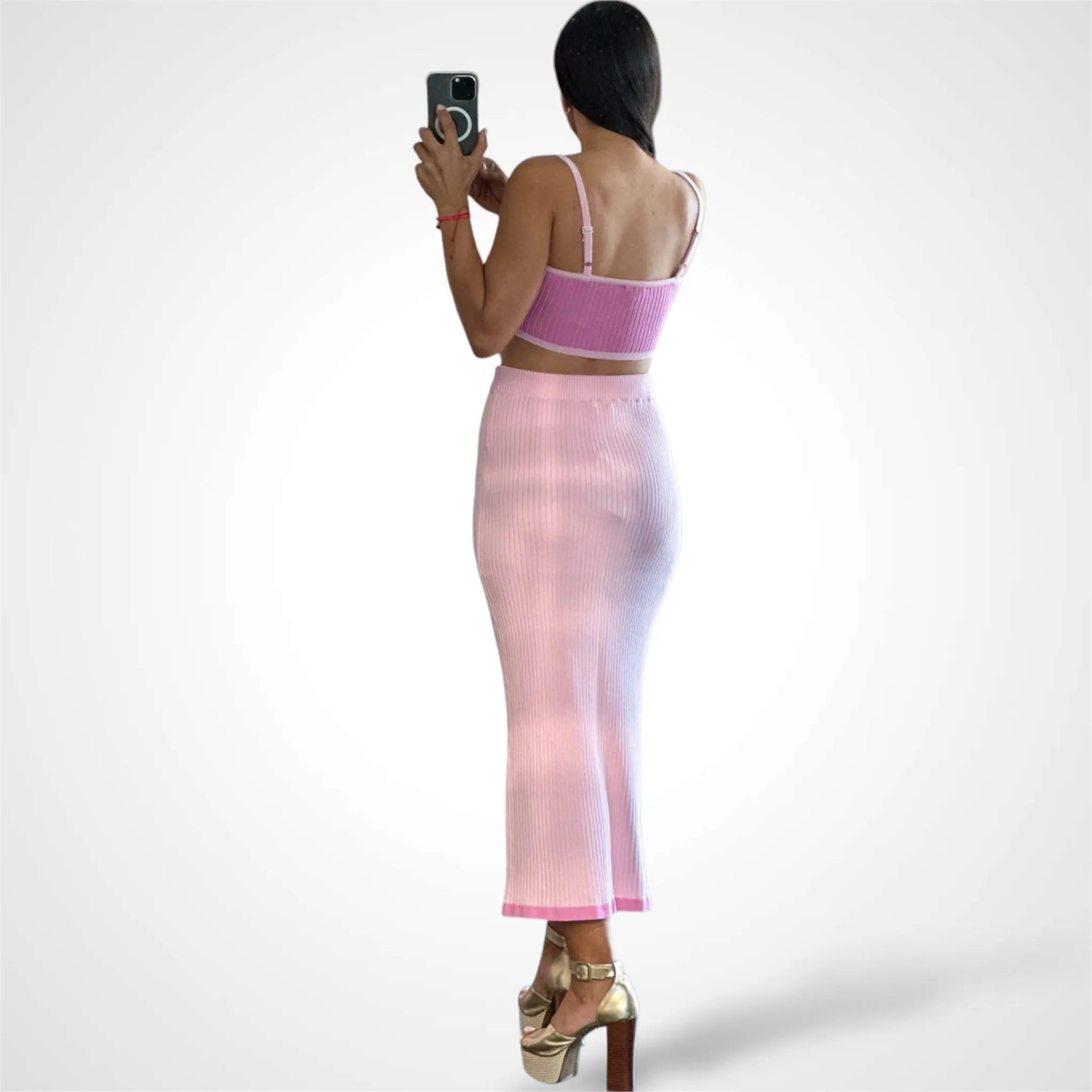 PINK CONTRAST SPAGHETTI SWEATER CROP TOP & MAXI SKIRT