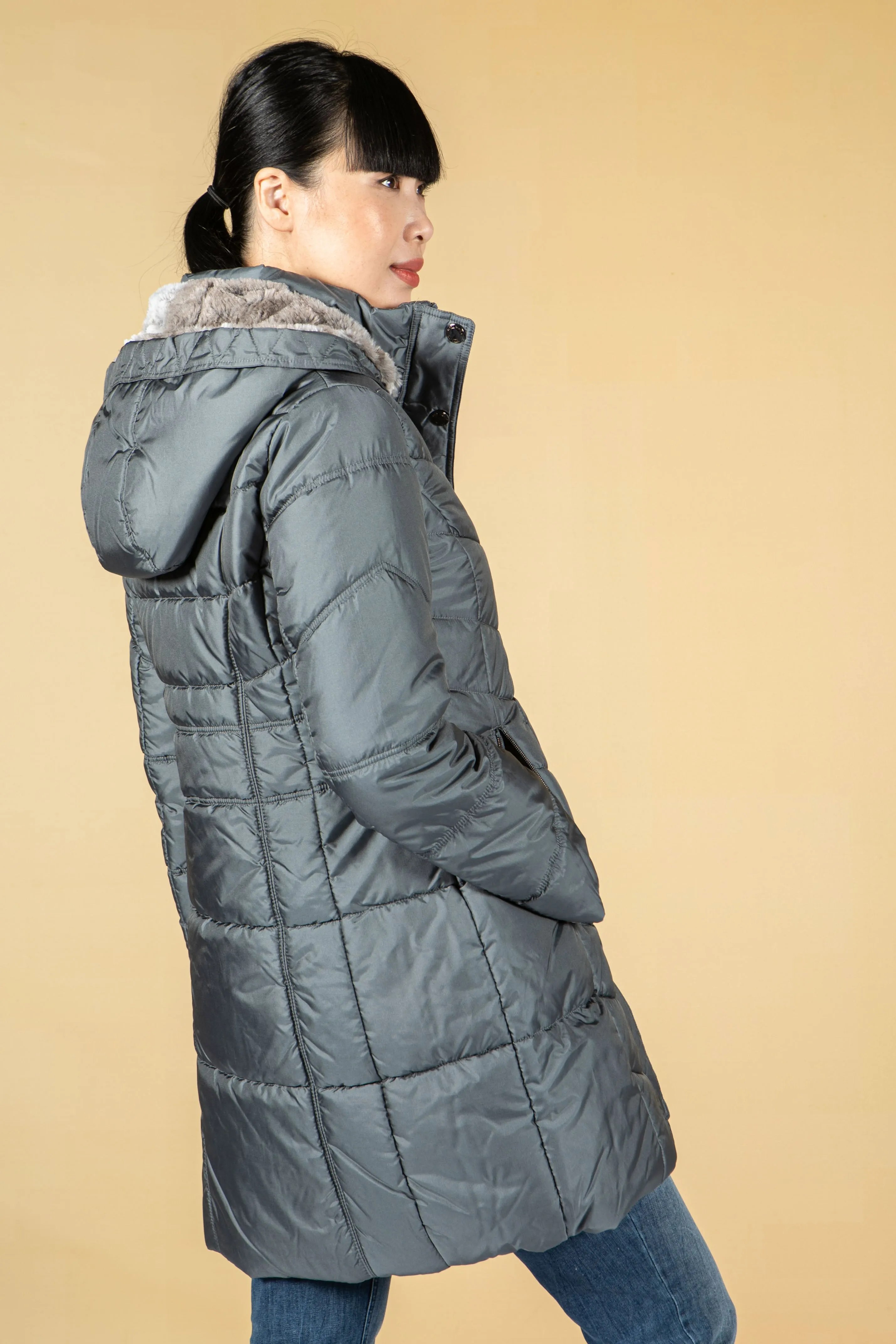 Quilted Long Coat in Cool Graphite