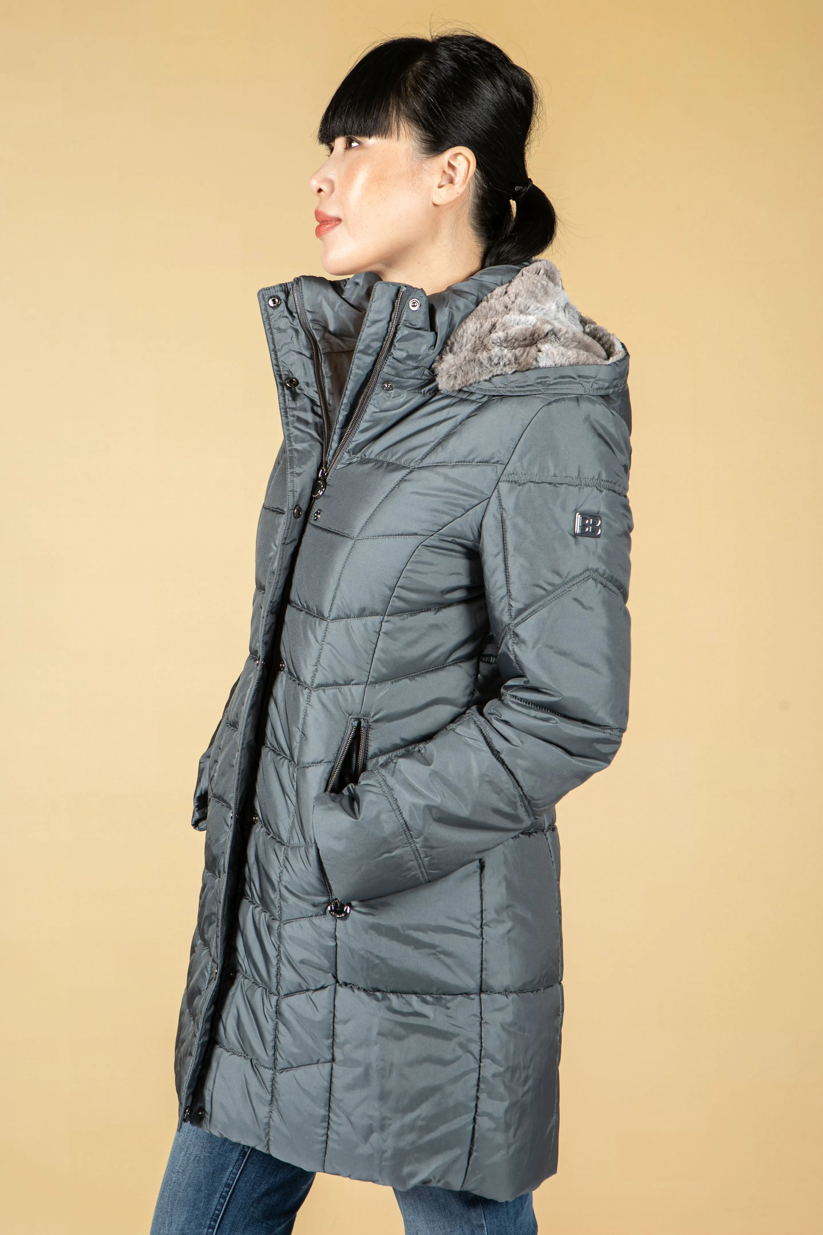 Quilted Long Coat in Cool Graphite