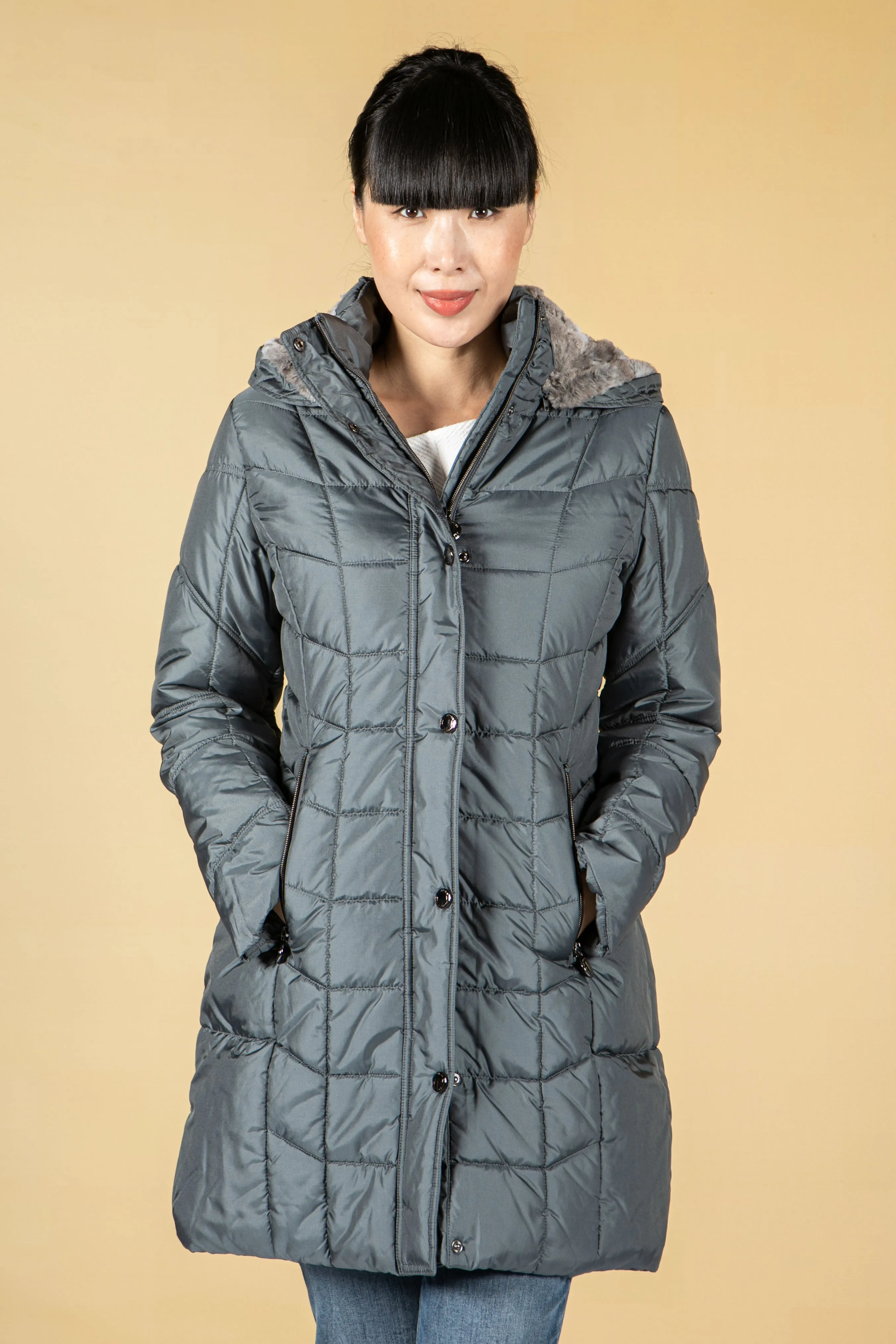 Quilted Long Coat in Cool Graphite