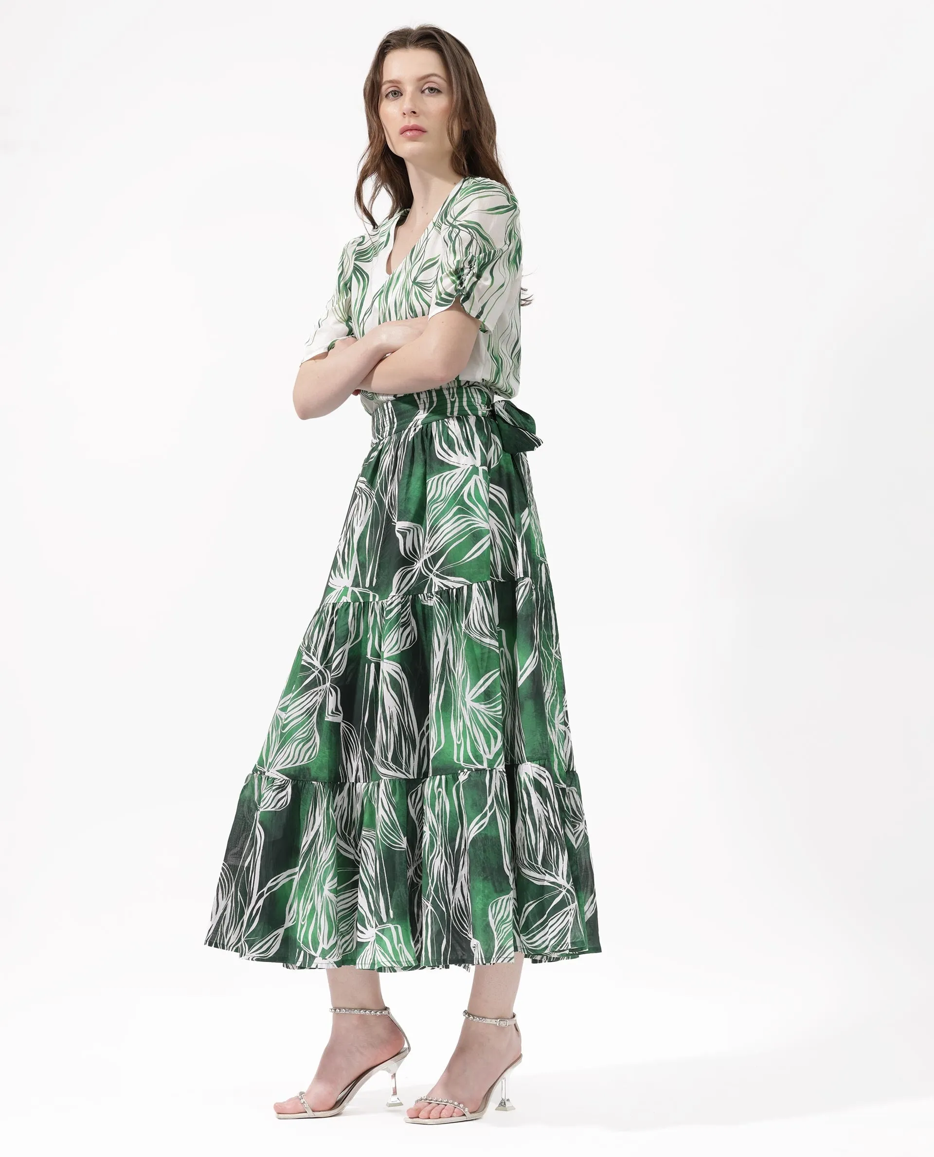 Rareism Women Rittert Green Cotton Fabric Tie-Up Closure Regular Fit Abstract Print Midi Skirt