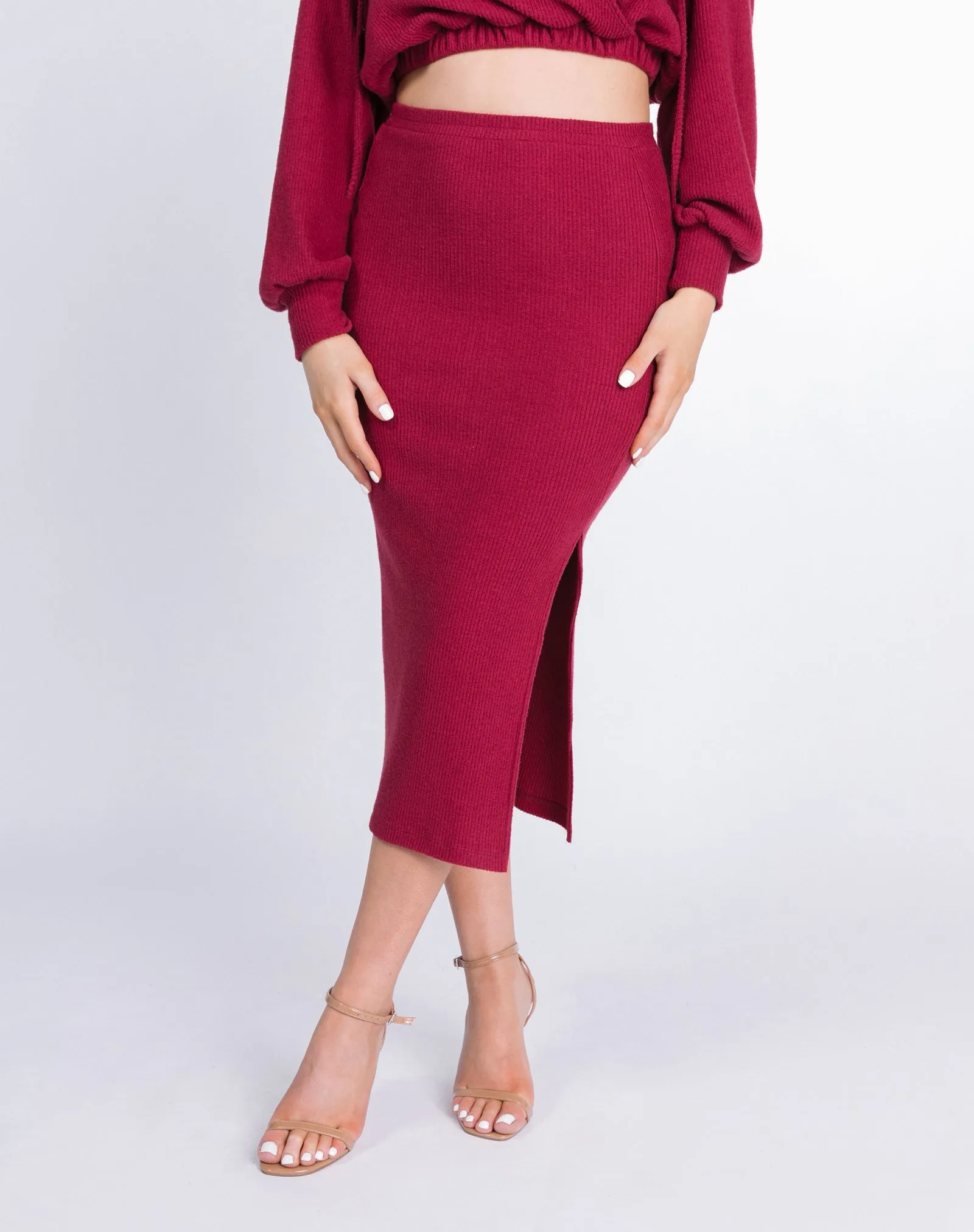 Rib Knit Midi Skirt in Raspberry Pink | Debbie