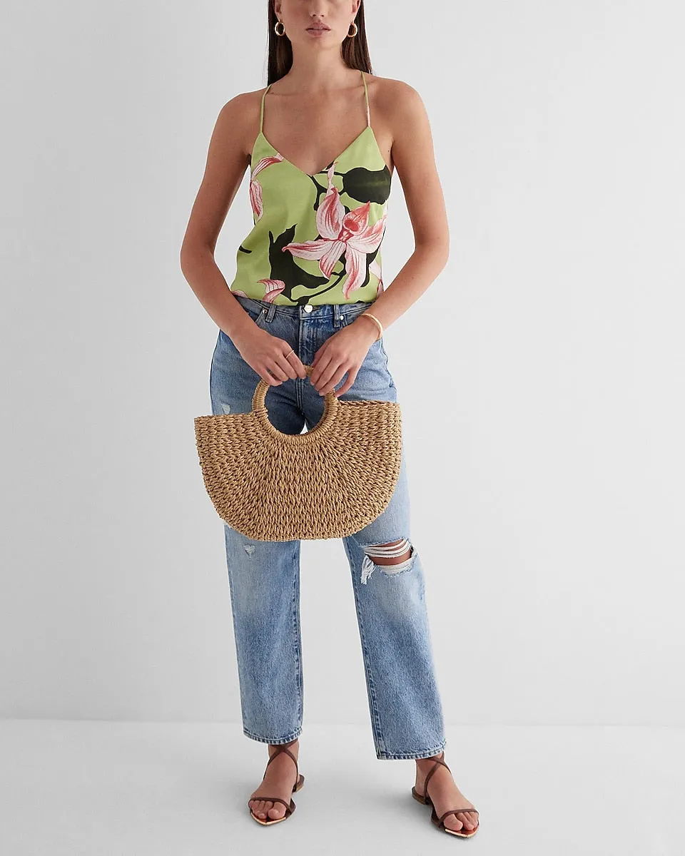 Satin Floral V-Neck Cross-Back Downtown Cami in Green Print