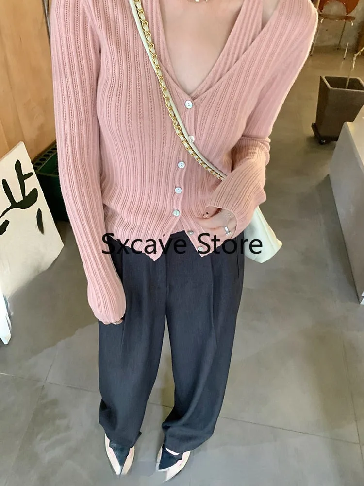 sealbeer  Autumn V-Neck Knitted Cardigan Women Pure Color Casual Long Sleeve Slim Sweater Office Lady Y2k Crop Tops Female Korean