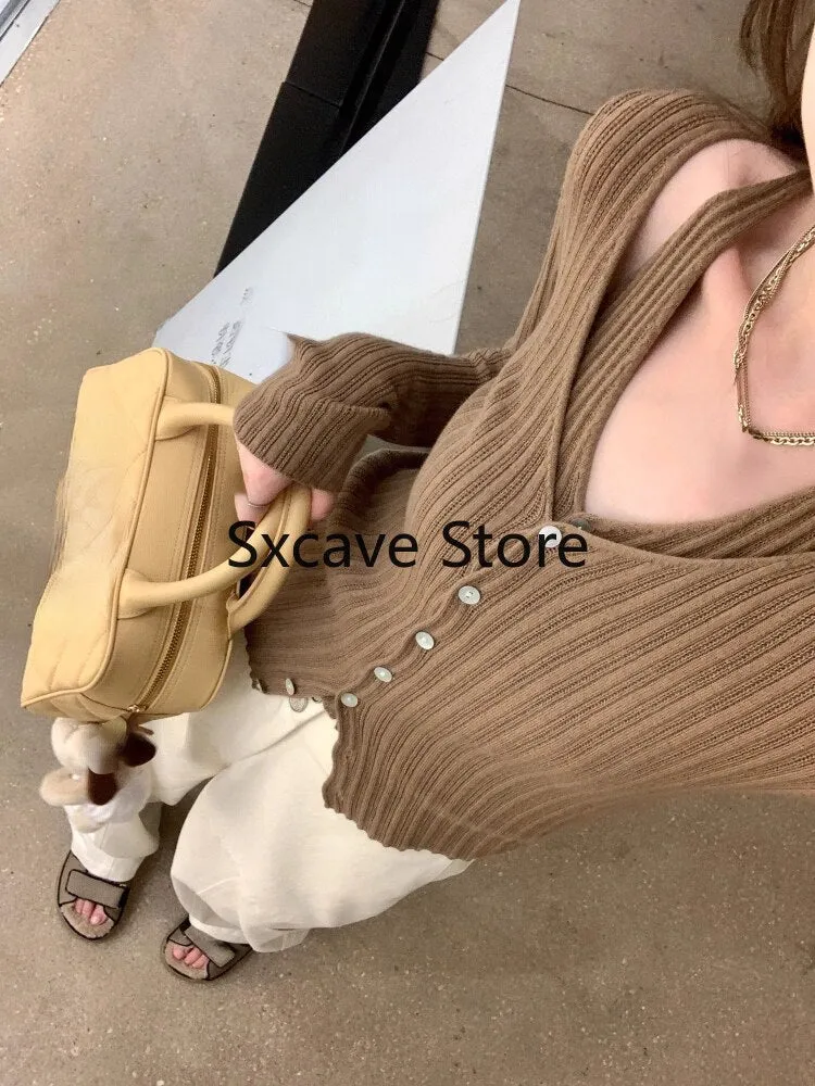 sealbeer  Autumn V-Neck Knitted Cardigan Women Pure Color Casual Long Sleeve Slim Sweater Office Lady Y2k Crop Tops Female Korean