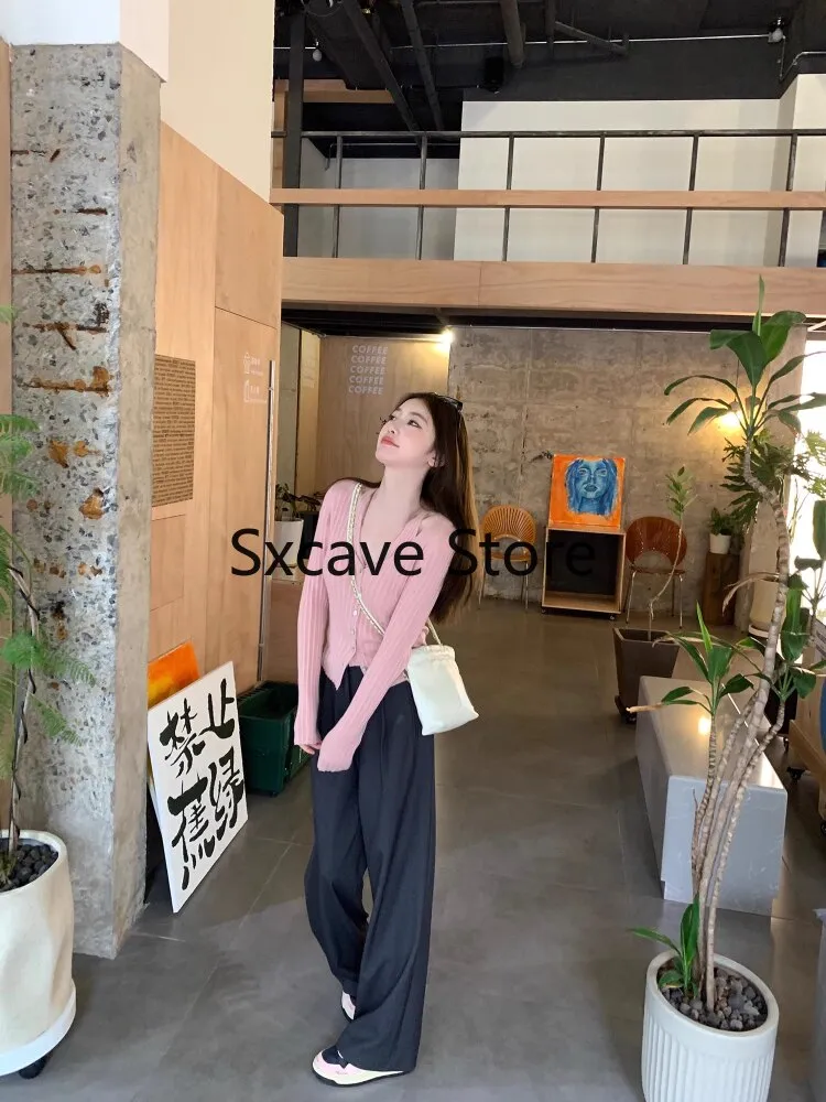 sealbeer  Autumn V-Neck Knitted Cardigan Women Pure Color Casual Long Sleeve Slim Sweater Office Lady Y2k Crop Tops Female Korean