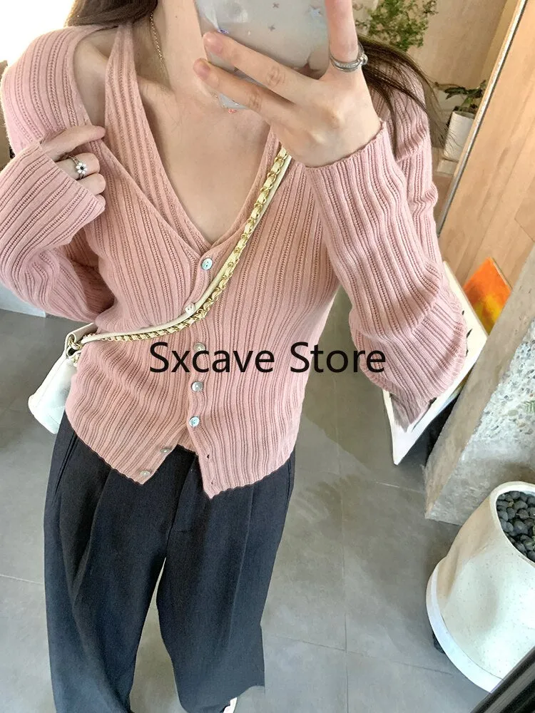 sealbeer  Autumn V-Neck Knitted Cardigan Women Pure Color Casual Long Sleeve Slim Sweater Office Lady Y2k Crop Tops Female Korean