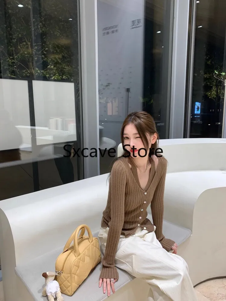 sealbeer  Autumn V-Neck Knitted Cardigan Women Pure Color Casual Long Sleeve Slim Sweater Office Lady Y2k Crop Tops Female Korean