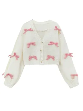 SHENHE Girl's Bow Button Down Knitted Cardigan V Neck Loose Cute Crop Sweater Outwear White 12 Years