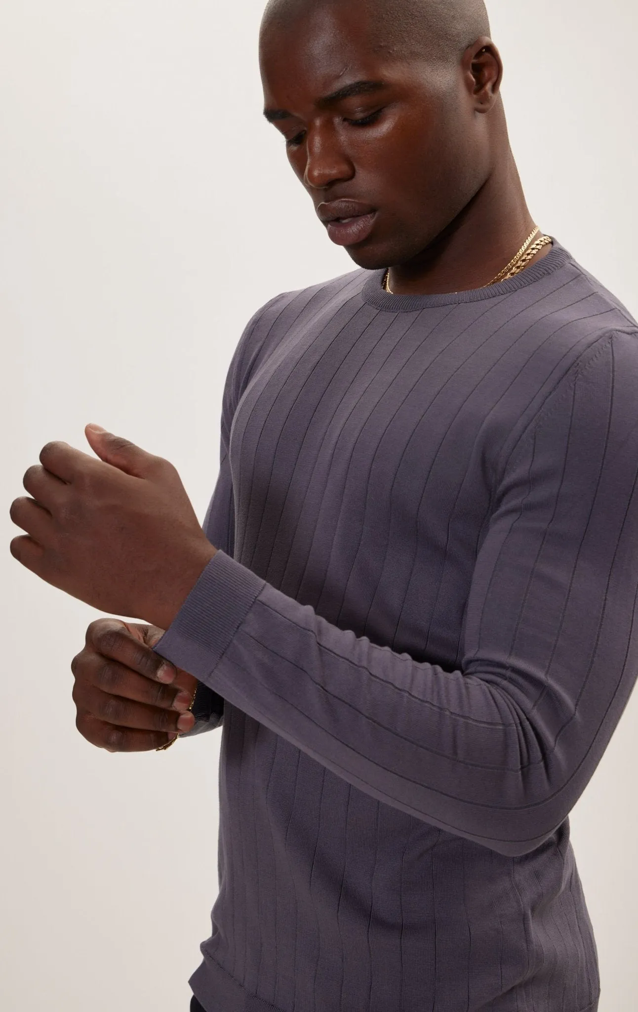 Slip-Stitch Crew Neck Long Sleeve Sweater - Anthracite