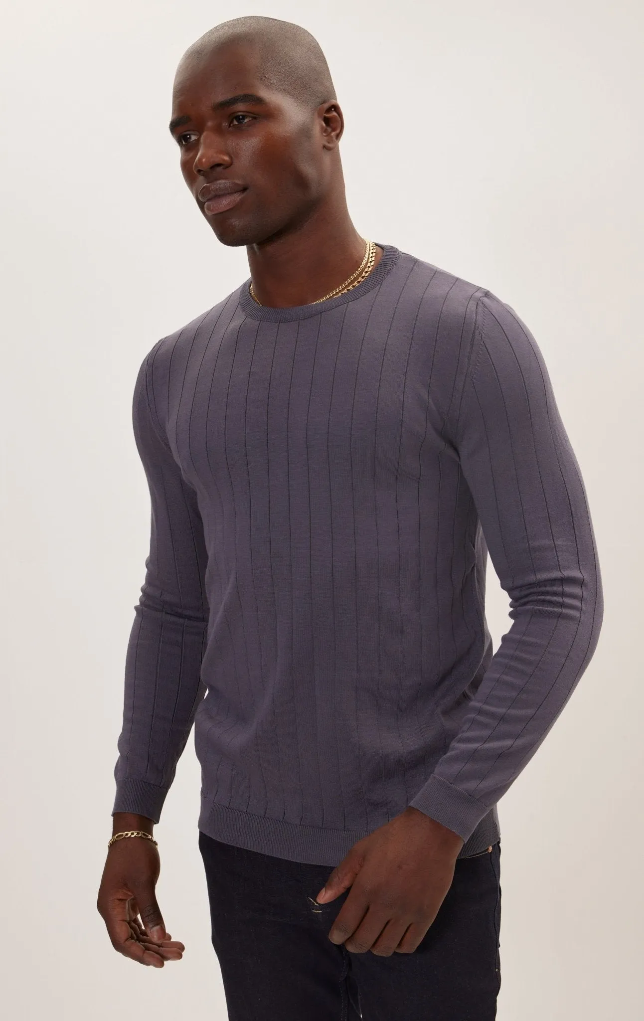Slip-Stitch Crew Neck Long Sleeve Sweater - Anthracite