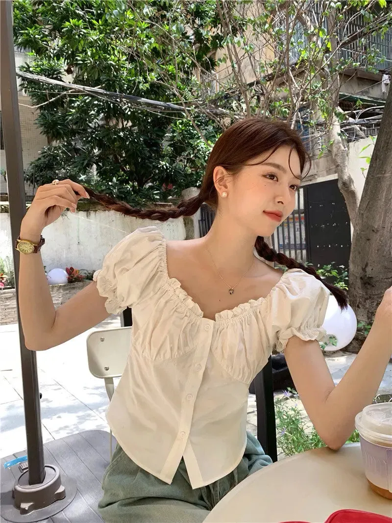 Summer Design Sense Wooden Ear Puff Sleeve Shirt