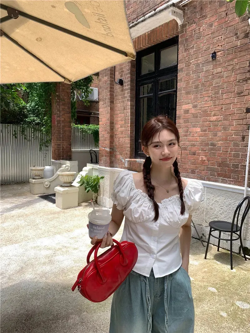 Summer Design Sense Wooden Ear Puff Sleeve Shirt