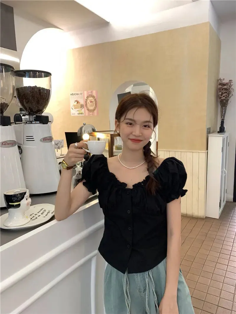 Summer Design Sense Wooden Ear Puff Sleeve Shirt