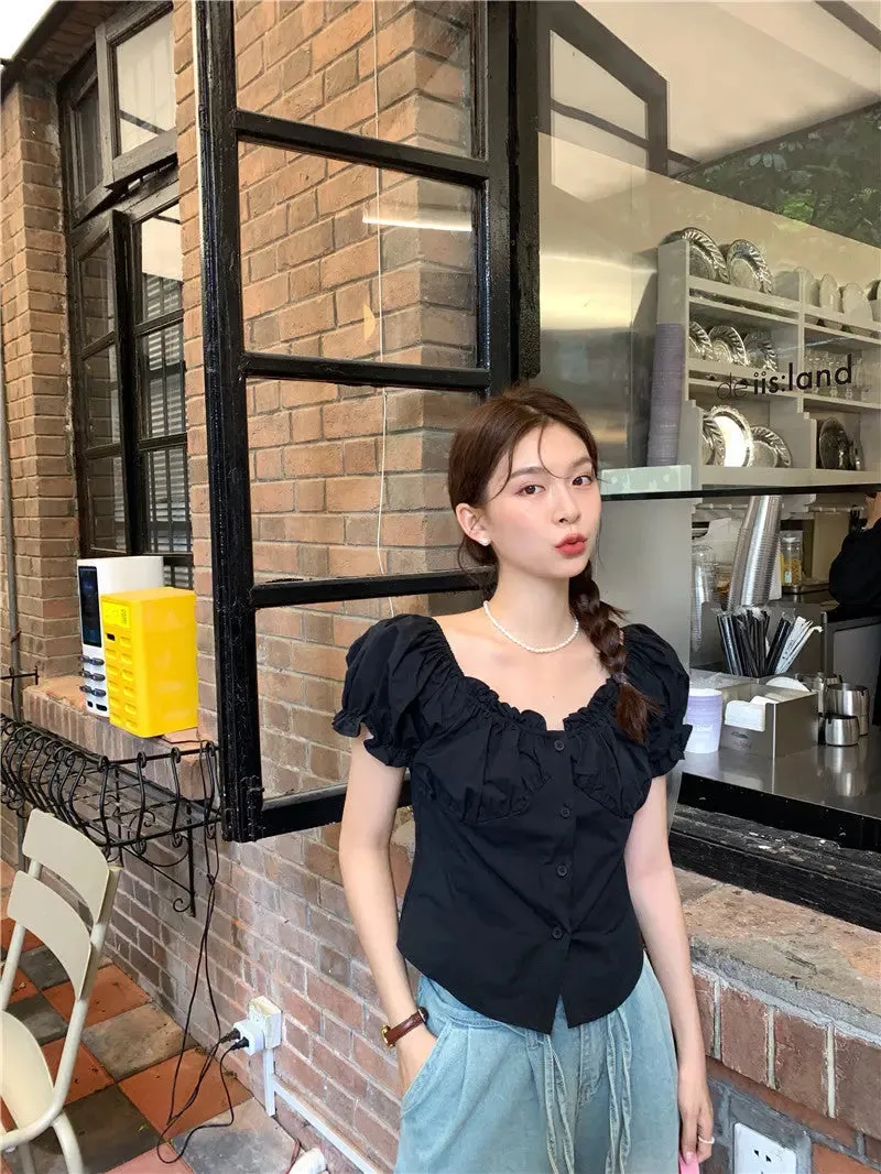 Summer Design Sense Wooden Ear Puff Sleeve Shirt