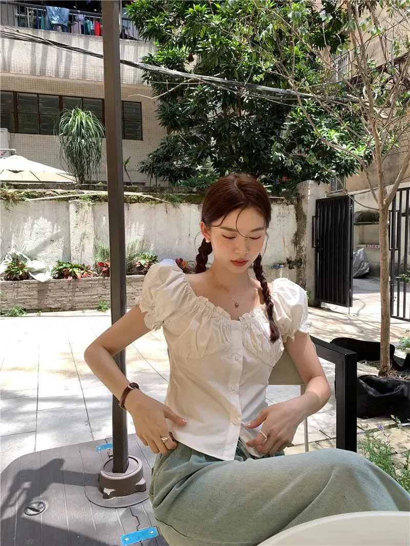 Summer Design Sense Wooden Ear Puff Sleeve Shirt