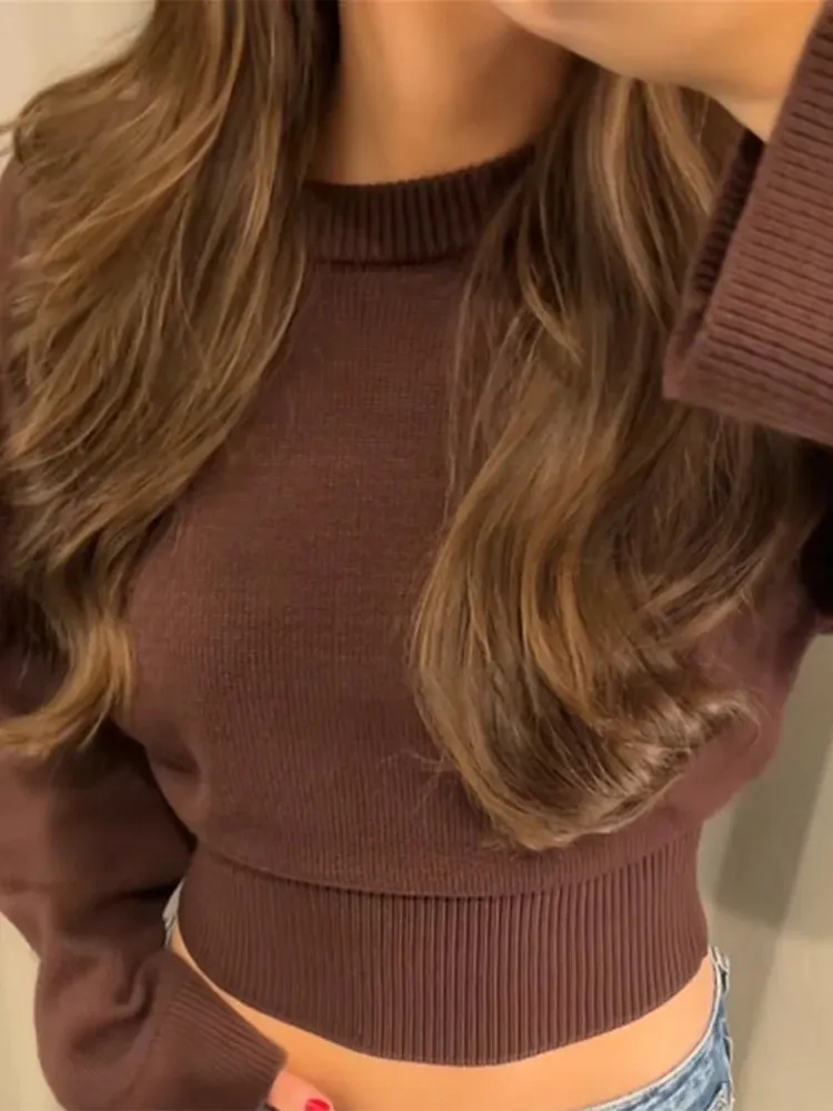 TAVIMART  -  2025 New Knitted Women's Sweater Casual Round Neck Elastic Hem Wide Sleeve Crop Pullover Top Ladies Fashion Knitwear Jumper