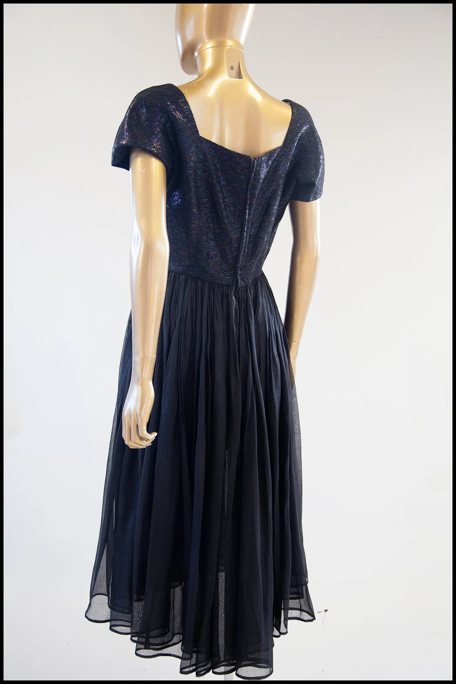 Vintage 1950s Black Metallic Silk Organza Midi Dress