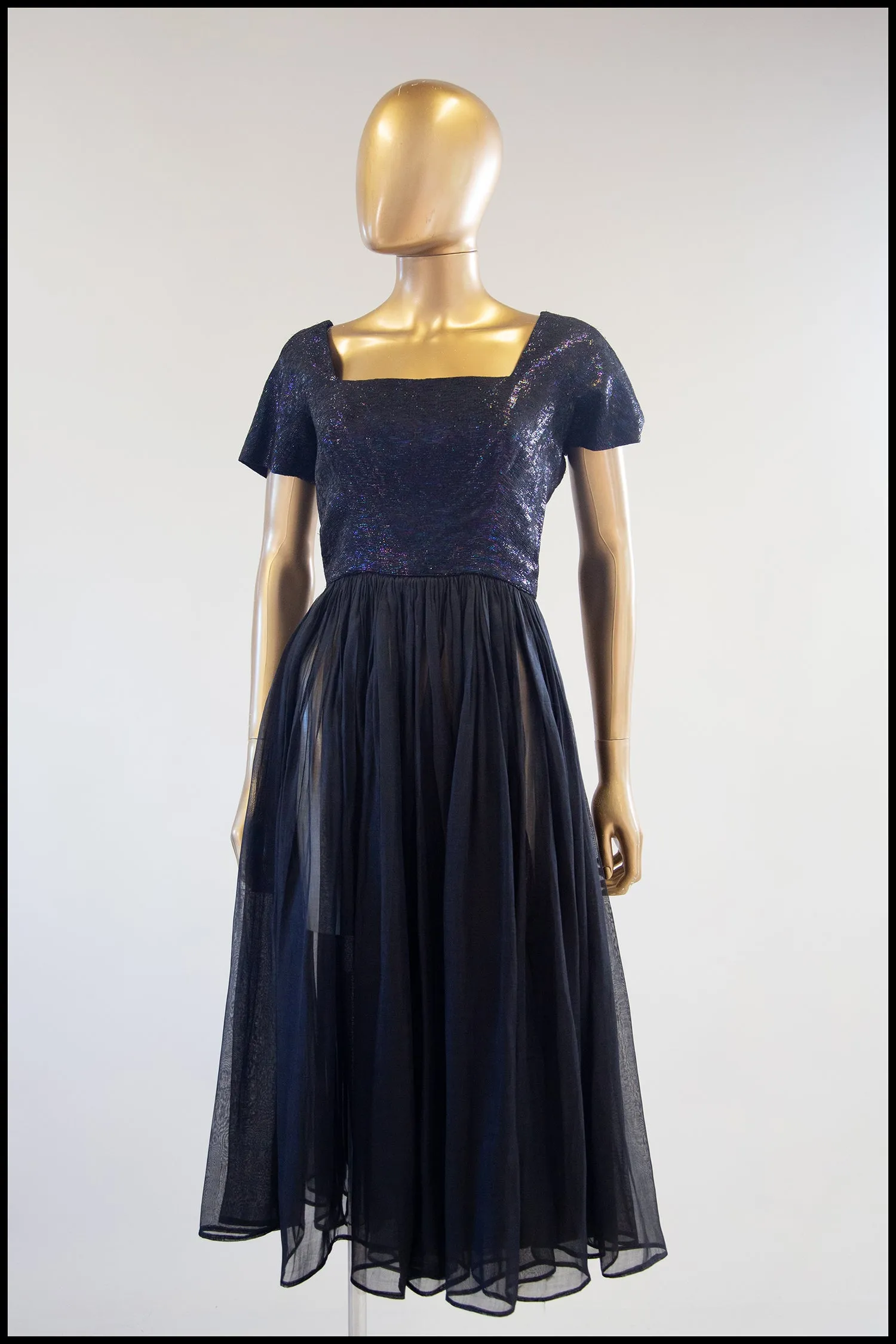Vintage 1950s Black Metallic Silk Organza Midi Dress