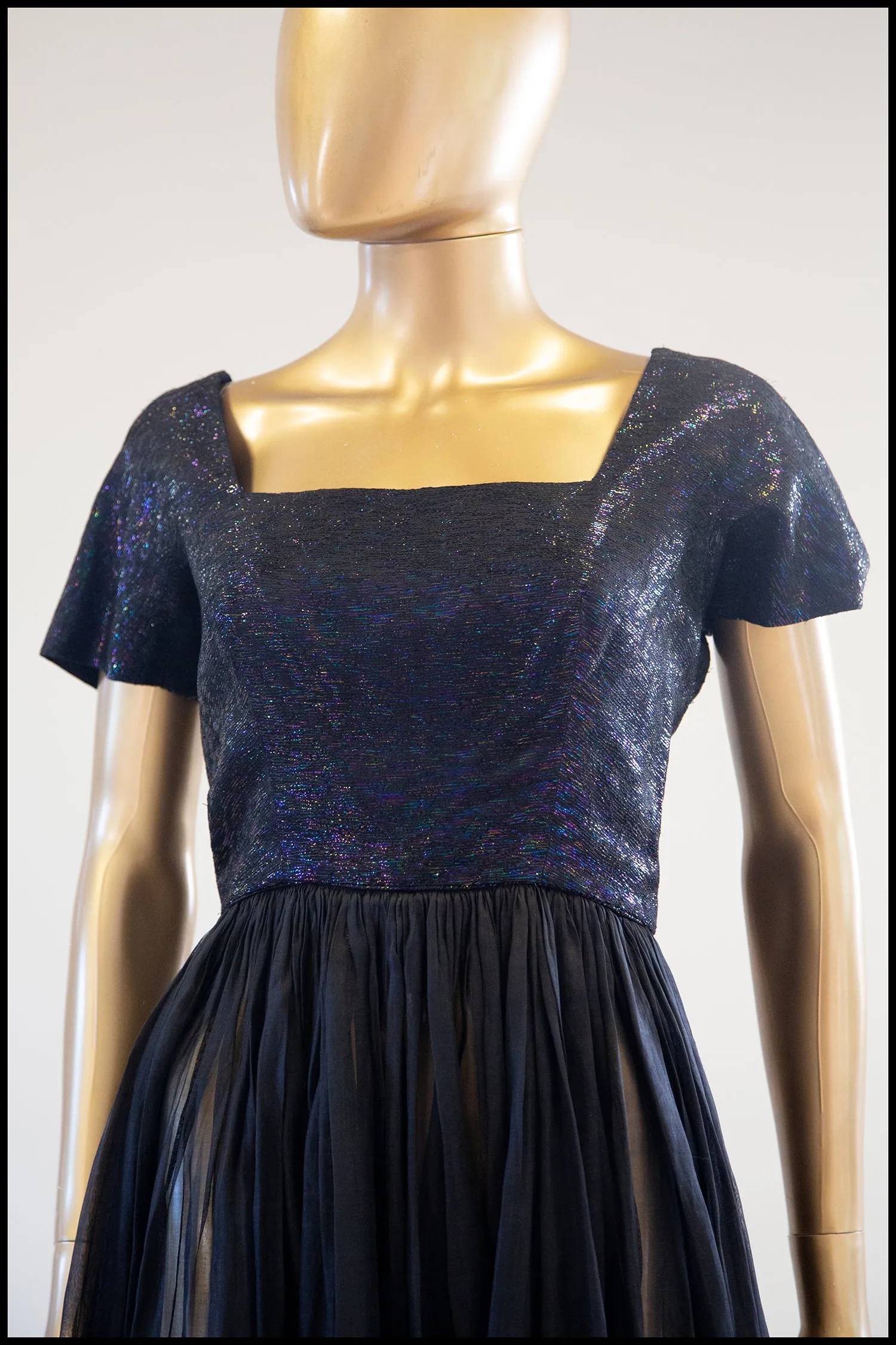 Vintage 1950s Black Metallic Silk Organza Midi Dress
