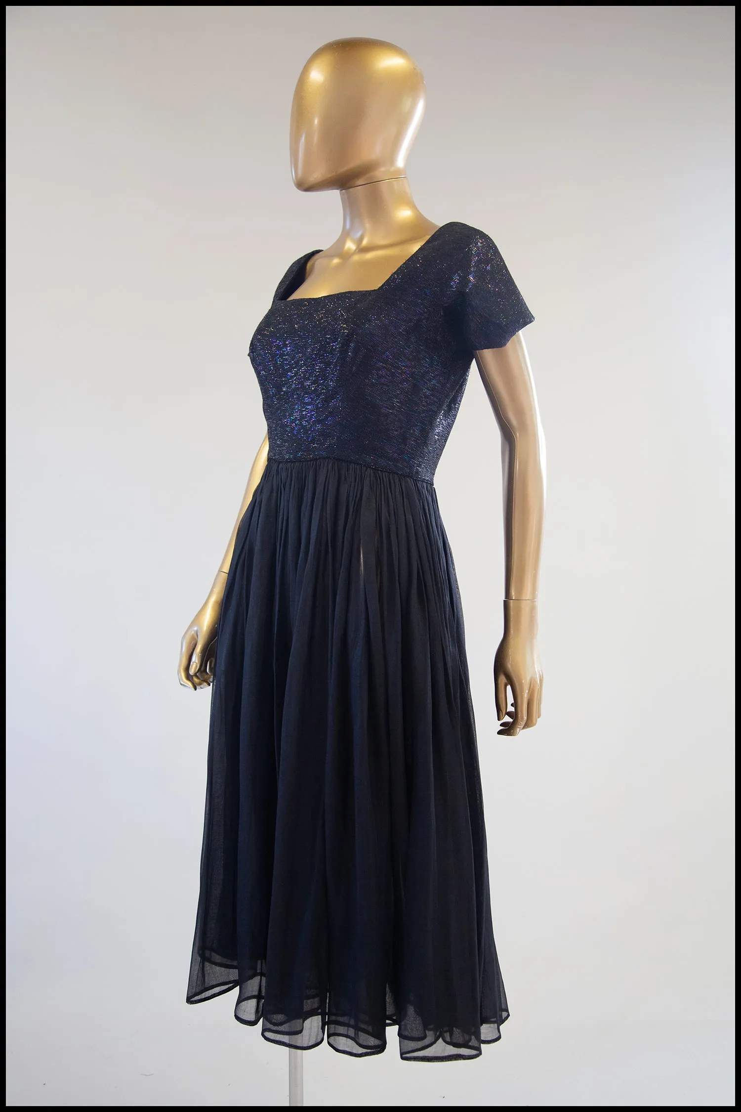 Vintage 1950s Black Metallic Silk Organza Midi Dress