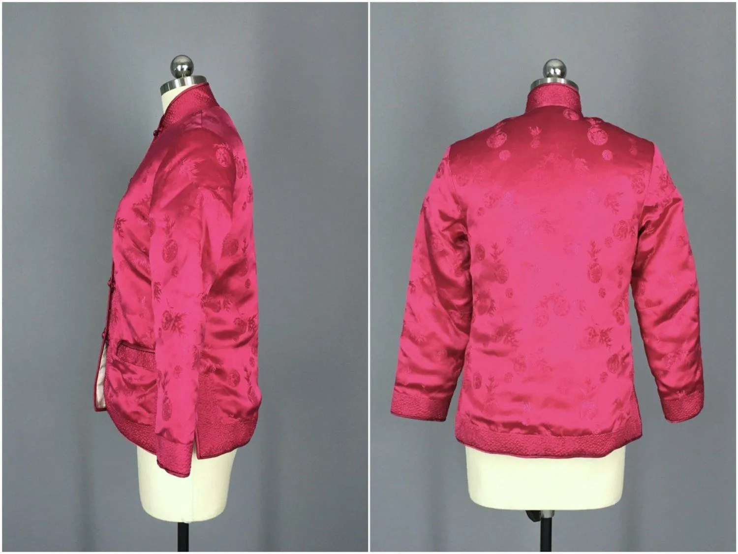 Vintage Pink Satin Bed Jacket / Mandarin Chinoiserie / Bloomingdales