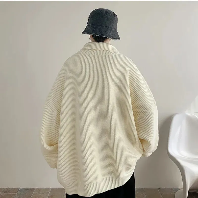 Wiaofellas  -  Men's Embroidery New Sweater Cardigan Coat Autumn Turn-down Collar Casual Jackets Knitted Sweater Knit Jumper Rice White/Black