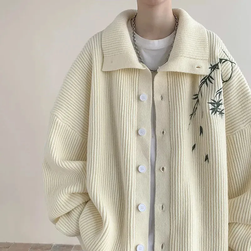 Wiaofellas  -  Men's Embroidery New Sweater Cardigan Coat Autumn Turn-down Collar Casual Jackets Knitted Sweater Knit Jumper Rice White/Black